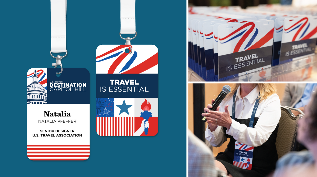 Attendee badges and lanyards featuring the Travel Is Essential system