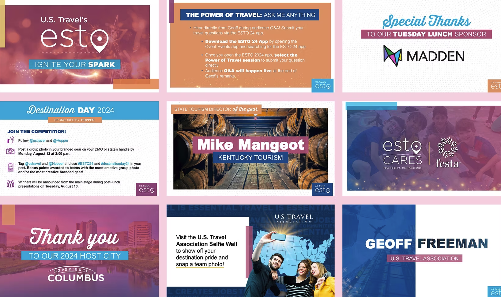 ESTO event presentation slides in a colorful editorial system