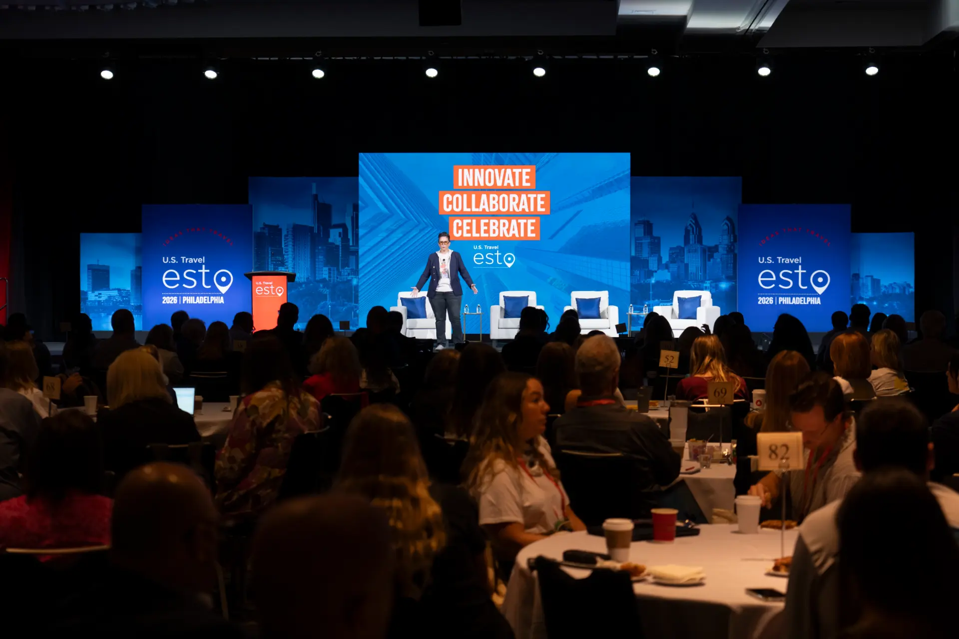 ESTO 2026 Philadelphia main stage with Innovate Collaborate Celebrate screens
