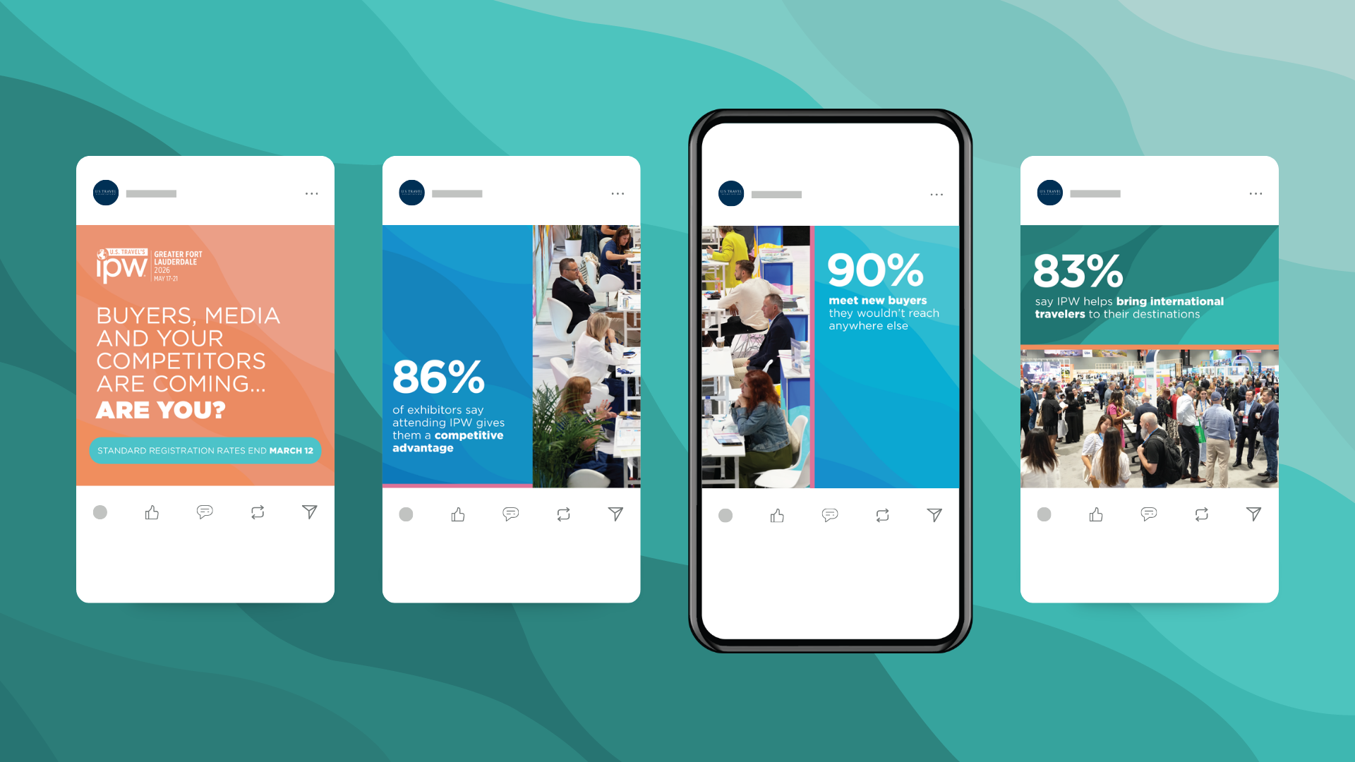 Social media mockups from the IPW Fort Lauderdale visual identity