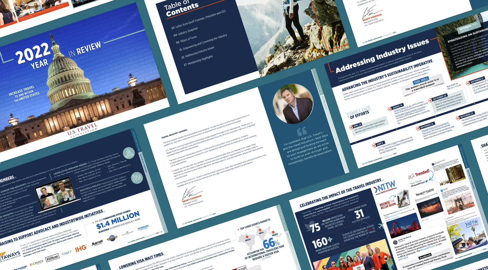 U.S. Travel Association year-in-review presentation and report layouts